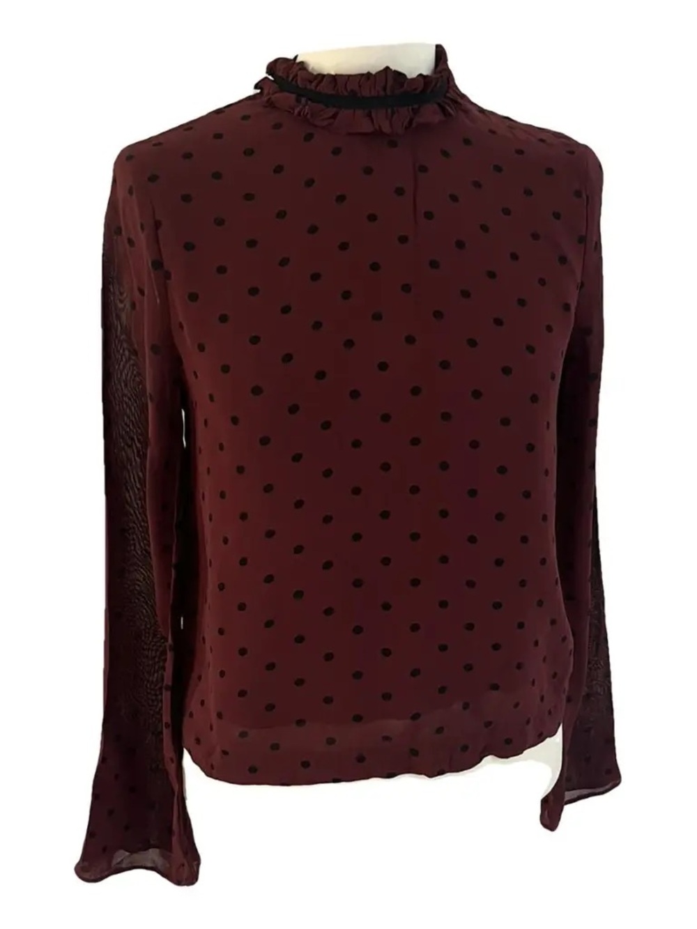 Ganni Burgundy Polka Dot Ruffle Neck Blouse in Size EU 38 (equivalent US 6)